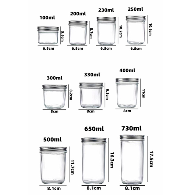 100ml 200ml 230ml 250ml 300ml 330ml 400ml 500ml Wide Mouth Glass Mason Storage Tank with Aluminum Lid