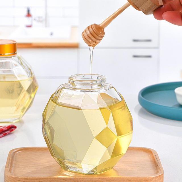 250ml 380ml 500ml Hexagonal Glass Honey Jar with Stirring Stick